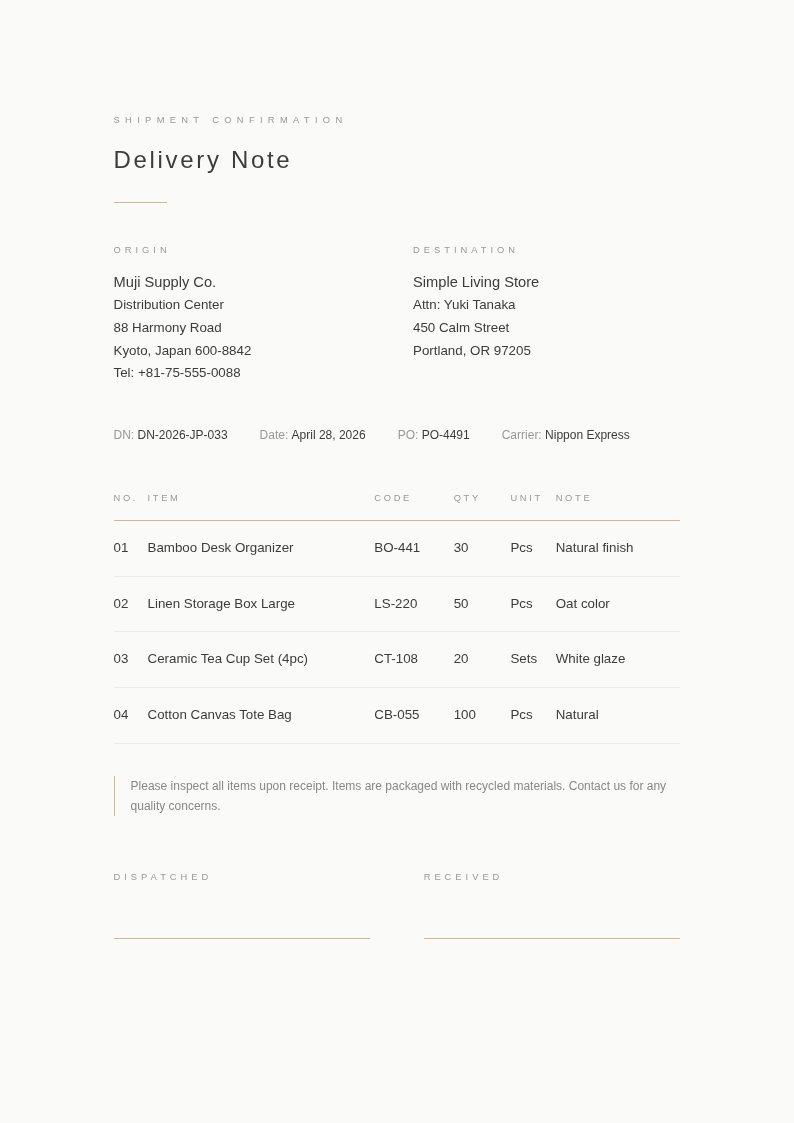 Japandi minimalist delivery note